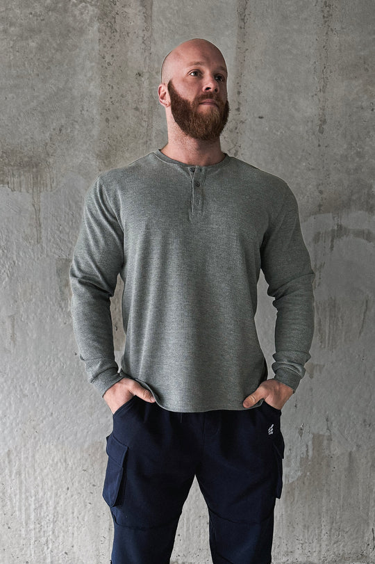 Waffle Knit Henley Long Sleeve T-Shirt - Dark Gray