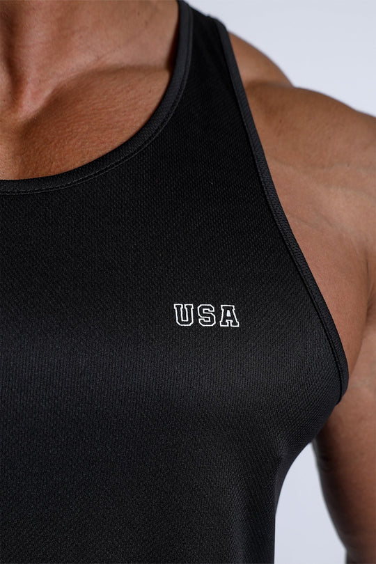 Fast-Dry Bodybuilding Workout Stringer - Black USA Logo