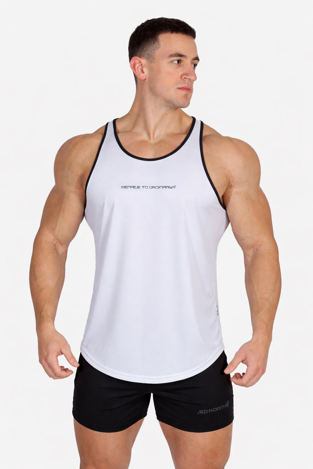 Fast-Dry Bodybuilding Workout Stringer - White w/ Navy Menace