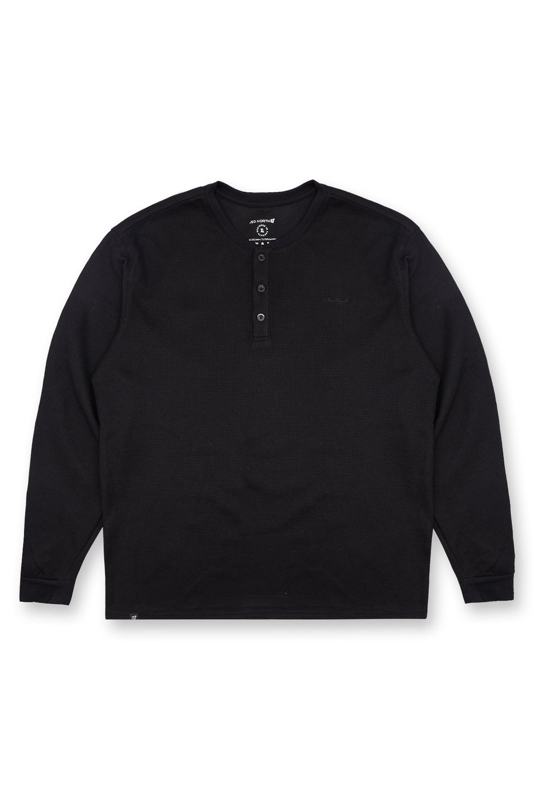 Waffle Knit Henley Long Sleeve T-Shirt - Black