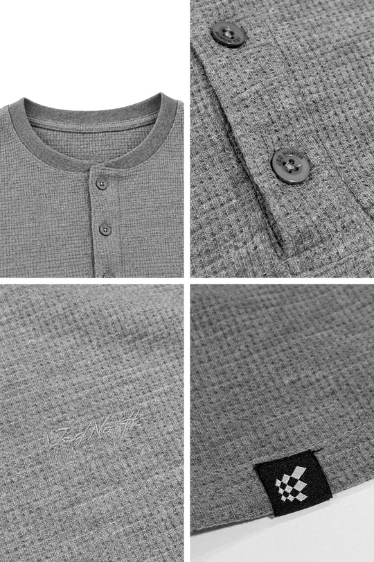 Waffle Knit Henley Long Sleeve T-Shirt - Dark Gray