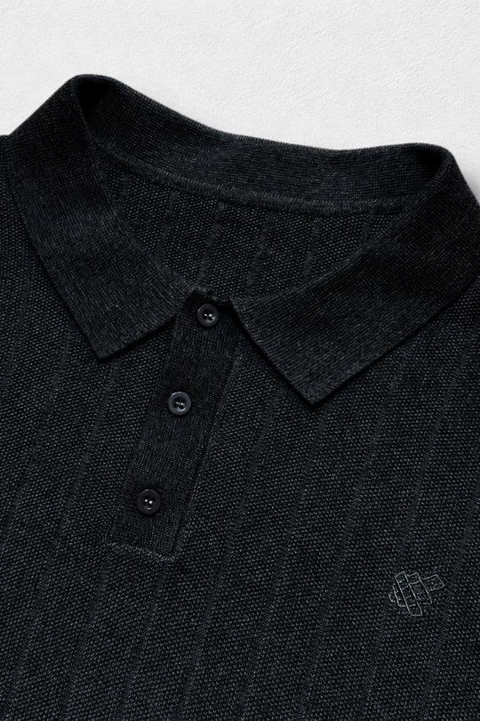 Rib Knit Collared Polo  - Onyx Black